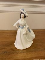 Front angle view of Royal Doulton Margaret porcelain figurine dressed in white and light blue accents.