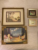 Four artworks pictured on a carpeted floor including a large framed Italian silk screen and three smaller framed artworks.