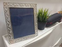 Frame standing on shelf beside plant, showing front floral border and glass.