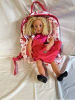 Front view of the backpack with attached doll in the carrier pocket showing the design and colors.
