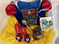 Photo of the complete lot including a Snow White dress, red princess shoes, a gold staff, eagle owl themed bag and beaded necklace arranged for display.