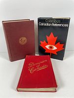 Photo showing front covers of three Canadian history books including a red 'Dominion of Canada' book, a reddish-brown 'Early Life in Upper Canada' book, and 'Colombo's Canadian References' book with dust jacket.
