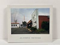 Front cover of the hardcover photography book showing a color image of an urban environment with buildings and a mural, titled 'Joel Sternfeld First Pictures'