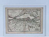 Full view of antique map showing detailed regional borders and engraved text in French, displaying ancient Greek territories with hand-colored borders.