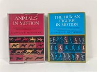 Front cover of two books by Eadweard Muybridge; Animals in Motion with red cover and The Human Figure in Motion with blue cover, both showing motion study images in sequences
