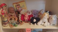 Full lot of assorted baby dolls, plush animals and doll accessories on a white shelf.