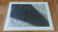 Framed signed abstract print with dark shapes and scratchy lines, artwork titled Saltman from 1983.