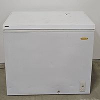 Front view of the white Holiday chest freezer showing exterior condition and brand label.