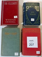 Four antique hardcover books including 'The Celebrity' by Winston Churchill, 'Daddy-Long-Legs' by Jean Webster, 'Marriage,' and 'In Times Like These'