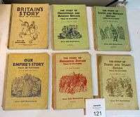 Set of 6 vintage Britain history books from 1935 with illustrated covers featuring historical themes and text.