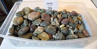 Clear view of the large container filled with assorted polished rocks of various colors and sizes.
