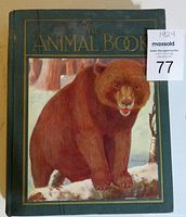 Front cover of 'The Animal Book' showing a painted brown bear in snow on a green cloth hardcover, with auction lot tag visible.