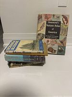 Stack of seven old books showing spines and covers, featuring diverse topics including nature, architecture, and sailing