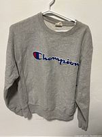 Full view of gray Champion sweatshirt with Champion logo embroidered on chest.