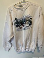 Front full view of white Northern Reflection crewneck sweater with winter landscape graphic and visible dirt marks.