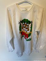 Full front view of the white sweater on hanger showing the Rudolph graphic and overall condition.