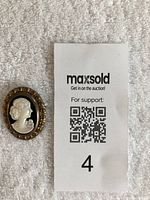 Front view of vintage cameo brooch showing white carved female profile on black background with gold-tone frame.