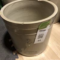 Side view of the 3 gallon ceramic crock showing the '3' marking and Medalta Potteries stamp.