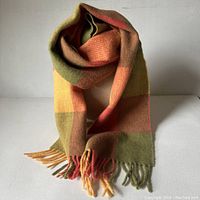 Scarf arranged in a flowing loop showing color pattern and fringe detail.