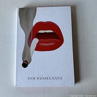 Front cover of the hardcover art catalogue showing red lips holding a cigarette illustration with the artist's name below.