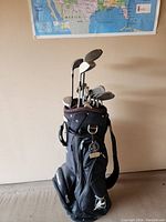 Photo of used Titleist golf club set including bag, driver, woods, hybrid, and irons arranged upright in a black carrying bag.