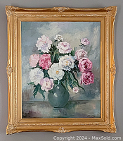 Front view of entire framed painting showing bouquet of pink, white, and red flowers in a green vase with muted background tones.