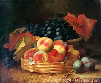 Close-up of the painting focusing on the basket of peaches, grapes, and butterfly detail