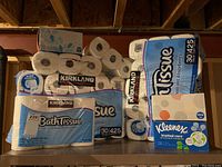 Front view of multiple bulk packages of Kirkland toilet paper and tissue rolls stacked on metal shelving with two Kleenex tissue boxes in front.