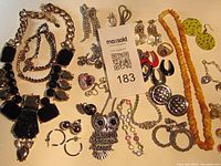 Wide view of the costume jewelry lot including various necklaces, earrings, brooches, and bracelets arranged around a lot number card.