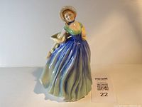 Front view of Royal Doulton figurine showing woman in flowing blue and green dress and white hat
