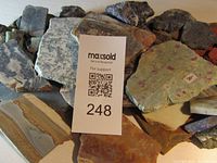 Multiple natural stone slabs in various colors and textures arranged together with a Maxsold lot identifier and a Sharpie marker for scale.