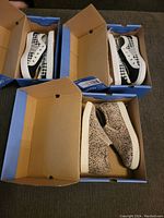Three pairs of Jellypop sneakers in original boxes: two pairs black and white checkered, one leopard print beige pair.