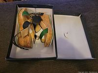 Pair of Tommy Hilfiger ladies wedge sandal shoes in original box. Cork wedge heels, black and green leather straps, gold-tone rivets, ankle buckle.