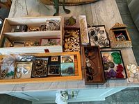 Full overview of multiple boxes and trays holding various costume jewelry pieces including earrings, necklaces, brooches, and bracelets.