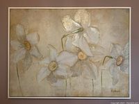 Framed floral art painting with white flowers and yellow centers on beige background, shown close-up.