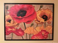 Frontal view of floral art print featuring poppies in red and yellow shades, signed by Diane Hoepfner.
