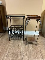 Two metal and wood stands placed side by side on a floor against a beige wall, showing overall look and scale