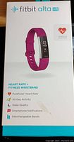 Front of original Fitbit Alta HR retail box showing product image and key features including PurePulse Heart Rate, All-Day Activity, Sleep Quality, Smartphone Notifications, and Interchangeable Bands.