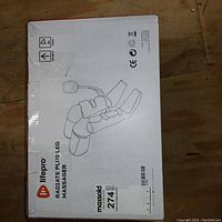 Box showing Lifepro Radiate Plus Leg Massager front with line drawing of device and remote control.