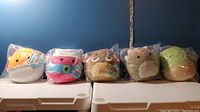 Front view of five assorted Squishmallows plush toys in original plastic packaging with tags.