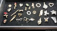 Photo showing 23 assorted metal jewelry pins including floral, animal, heart, butterfly, and abstract styles on black velvet