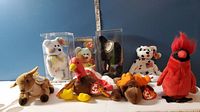 All 8 Beanie Babies displayed together showing variety of animals including moose, turkey, bears, cardinal, deer