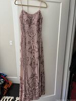 Full length front view of the blush pink beaded evening gown hanging on a hanger against a door