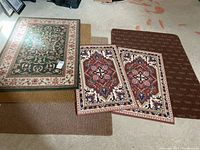 Top view showing full set of six mats including oriental, rubber-backed, and plain mats.