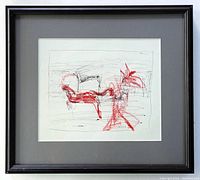 Framed artwork view showing entire drawing in black frame with grey mat