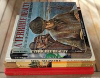 Top view of the five stacked art books showing titles and cover condition.