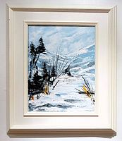 Framed oil painting showing the full winter landscape scene with trees and snowy ground in a white painted wood frame.
