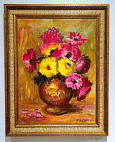 Framed oil painting showing floral still life by Denis Vaillancourt with visible signature and vintage wood frame.