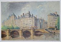 Full frontal view of unframed oil painting on neutral background