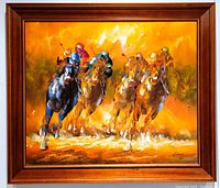 Full-frontal view of the oil painting in vintage wood frame against a white wall